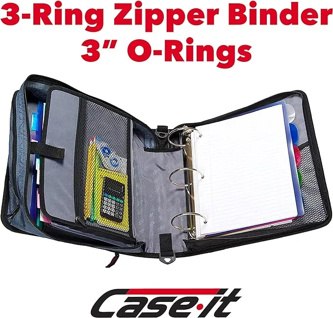 Case It Mighty Zip Tab 3" 3-Ring Zipper Binders, Black (D-146-BLACK)