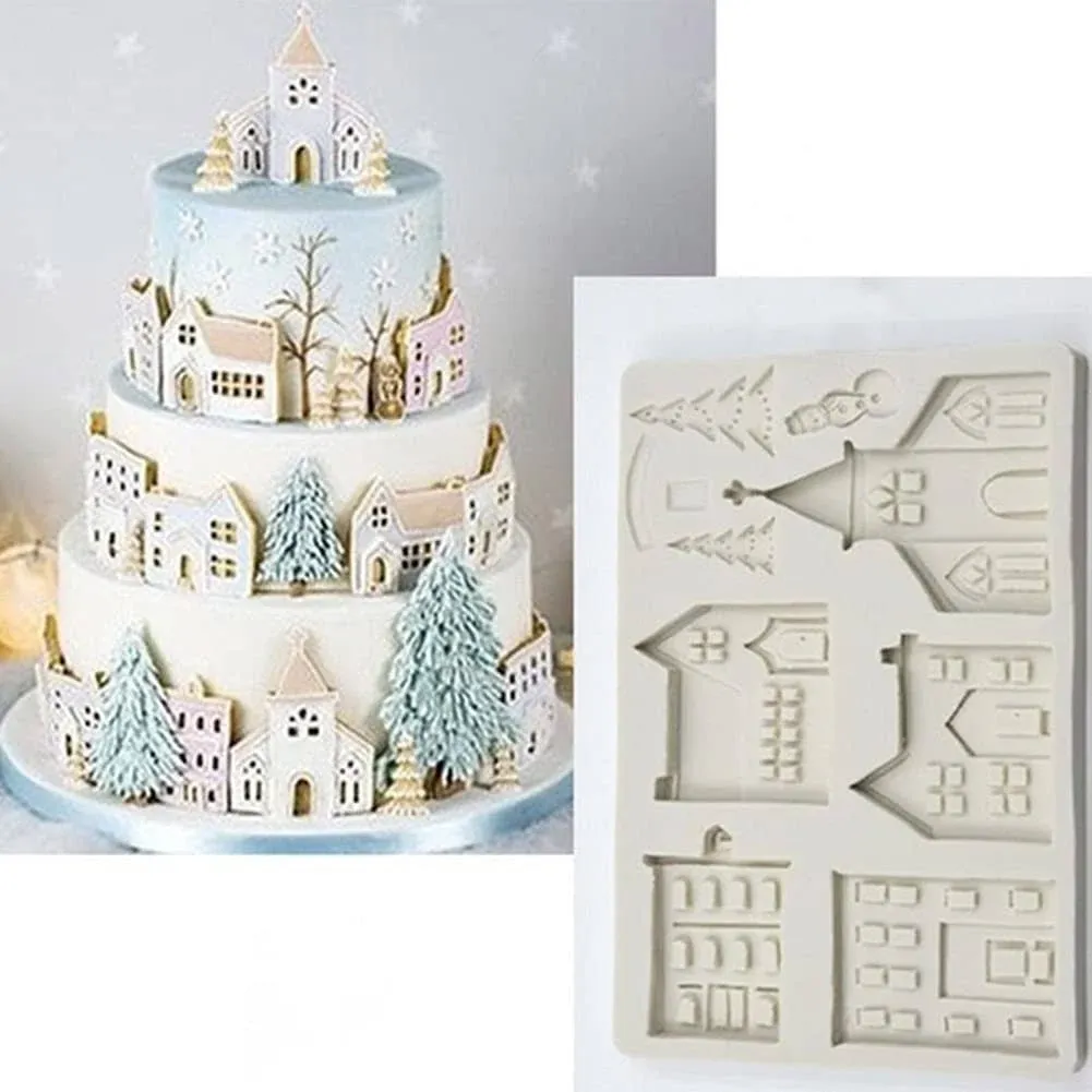 Merry Christmas Silicone Cake Mold Xmas Tree House Fondant Mould Pastry Baking Mold Decorating Tools