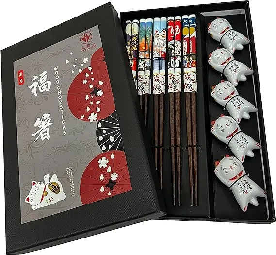 Wooden Chopsticks Reusable 5 Pairs Gift Set with 5pcs porcelain rest Lucky Cat Design Hand-Made 8.8 Inch/22.5cm