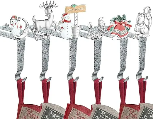 KUZOO 6 Pieces Christmas Stocking Holders, Fireplace Hooks Hanger, Anti-Silver