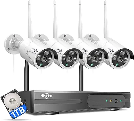 [Wireless Pro, 100ft Range] Hiseeu Wireless Security Camera System, Expandable 16CH 4K NVR, 4Pcs 3MP Night Vision WiFi Cameras Home Surveillance Outdoor, Motion Detection, 1TB HDD, One-Way Audio