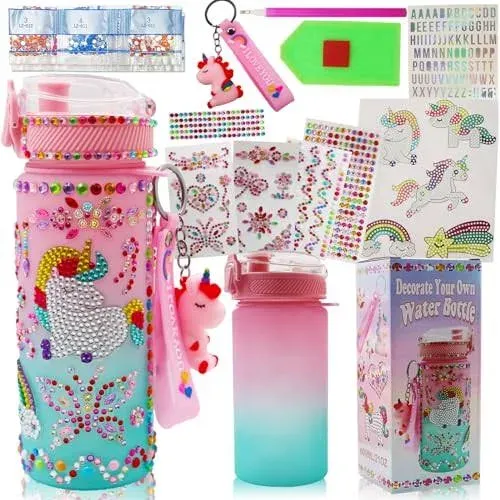 Decorate Your Own Water Bottle Kits for Girls Age 4-6-8-10-12,Unicorn Gem Diamond ...