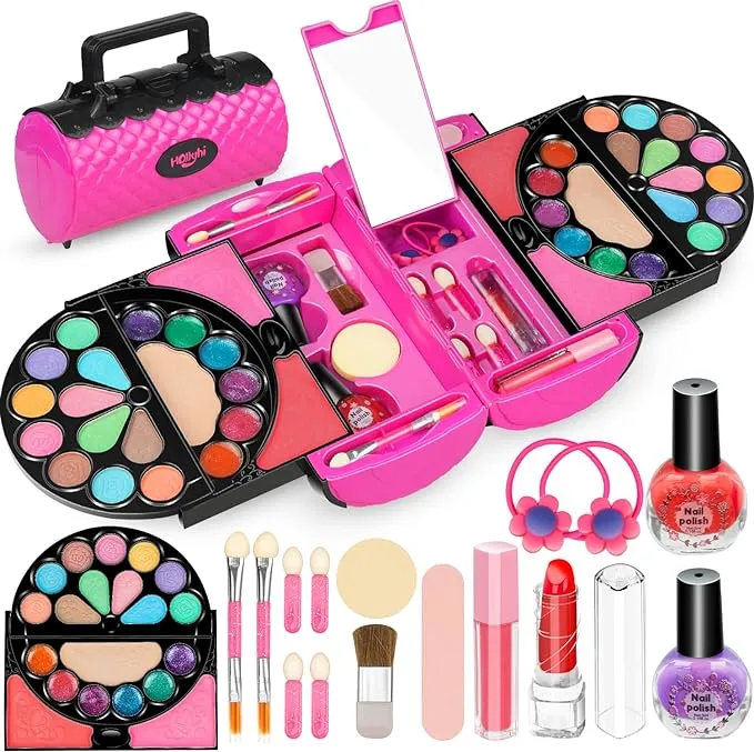 Hollyhi 56 Pcs Real Kids Makeup Kit for Girls, Washable Pretend Play Makeup Toy Set with Cosmetic Case for Girl, Toddler Make up Toys Birthday for Kids 3 4 5 6 7 8 9 10 11 12 Years Old