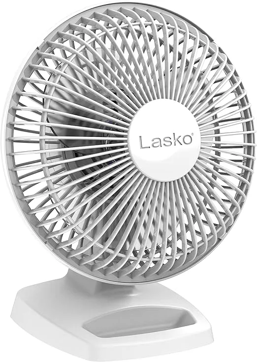 Lasko Personal Table Fan with Storage Tray, 2 Quiet Speeds, Tilt-Back Fan Head for Home Office, Bedroom, 6", White, 2002W