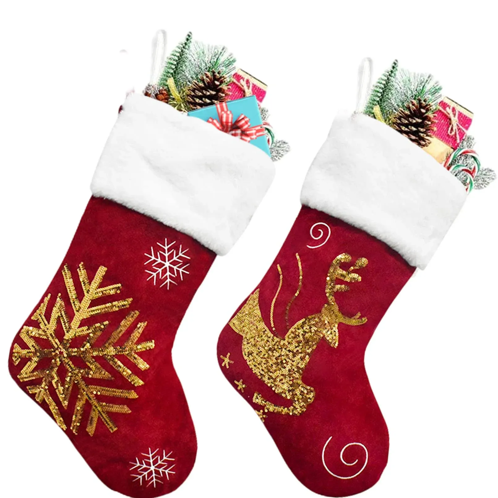 Christmas Stockings 2 Pcs 18 inches Christmas Stockings Burlap with Large Plu...