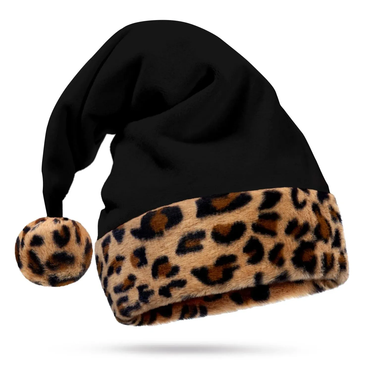 Black Santa Hat - Cute Faux Fur Leopard Print Trim