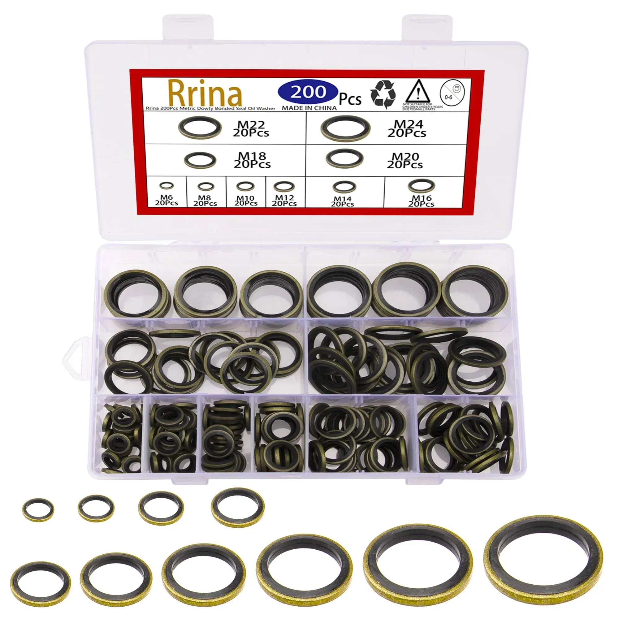 Rrina 200Pcs Metric Dowty Bonded Seal Oil Washer Assortment Kit, 10 Sizes M6 to