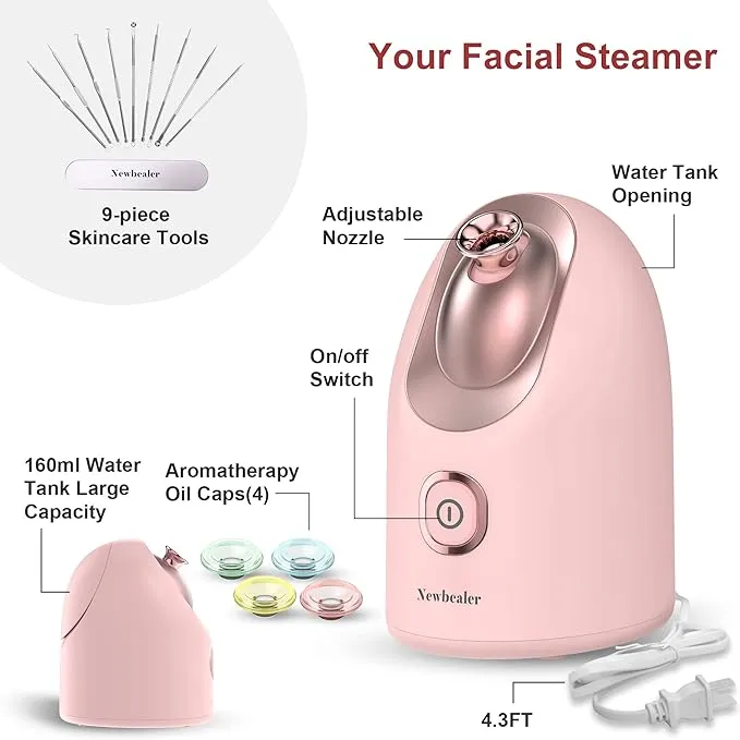 Newbealer 2in1 Facial Steamer, Hot Mist Facial Aromatherapy Humidifier Atomizer, Large Face Steamer Unclogs Pores Sinuses Moisturizing, Home Sauna Spa with Eyebrow Set (Purple, 170 ml)