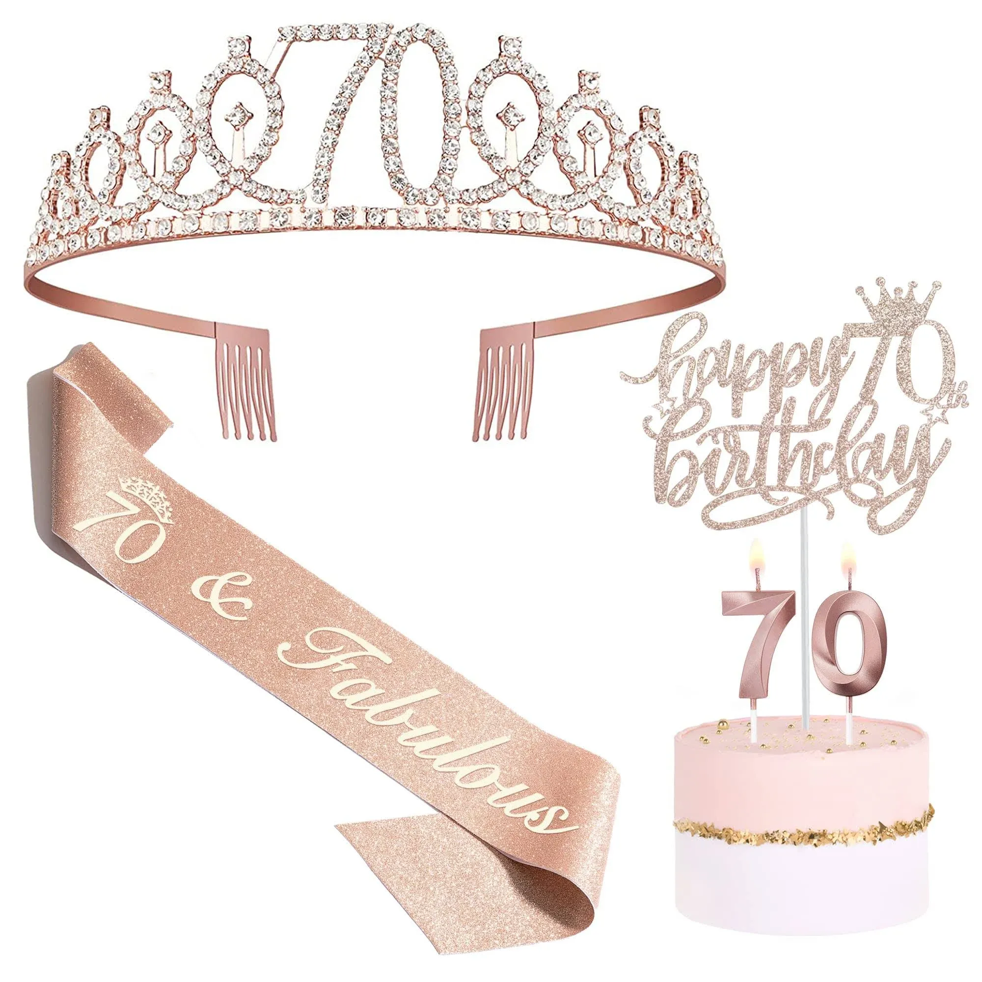 Bella Meri 70th Birthday Gifts for Women, 70th Birthday Tiara Crown, Sash, Cake Toppers,Birthday Candles, 70 Birthday Decoration