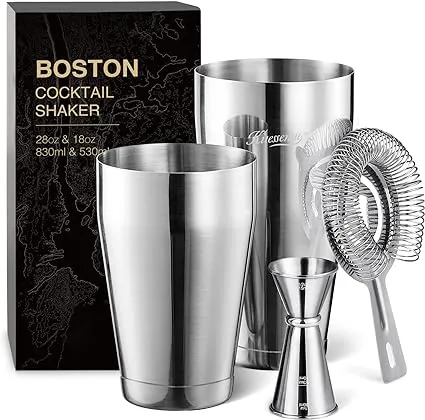 KITESSENSU Boston Cocktail Shaker Set, 4-Piece Boston Shaker Tins Bartender Kit with 18oz & 28oz Mixed Drink Shaker, Hawthorne Strainer, Double Measuring Jigger, Cocktail Recipe Cards Included