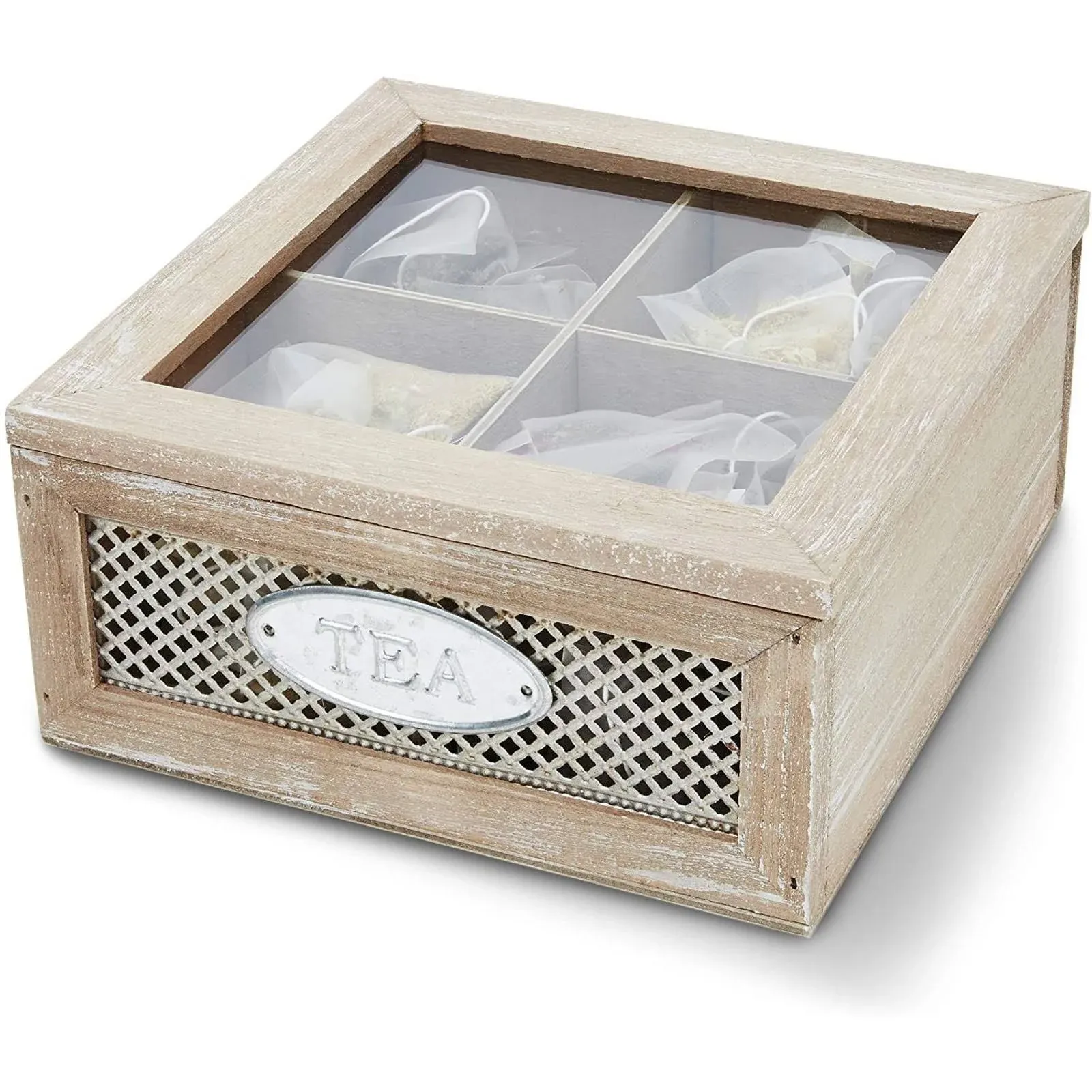 Juvale Wooden Box for Tea Bags Organizer Rustic 4-Compartment Container with Clear Lid