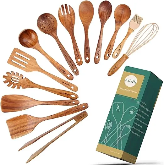 13 pcs Wooden Utensils Teak Wood Kitchen Wooden Spoons for Cooking,Spatula Set with Wooden Spoon Rest,Tong,Whisk