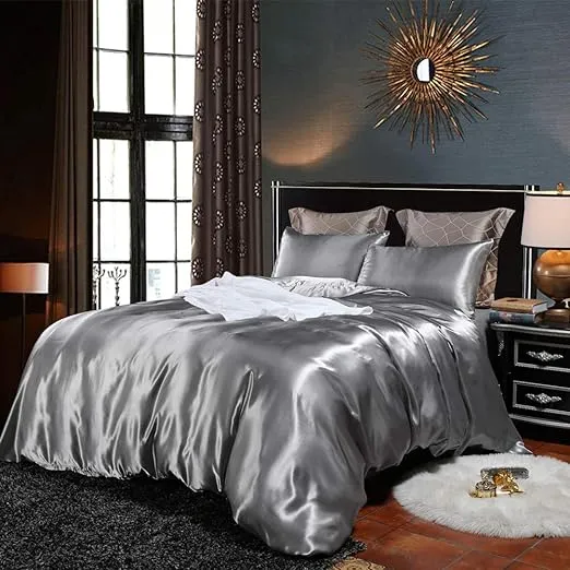 Gray Satin Bedding Luxury Silk Like Satin Duvet Cover Set Silver Grey Satin Comforter Cover Light Grey Luxury Silky Sateen Bedding Set Queen 1 Duvet Cover 2 Pillowcases (Light Grey, Queen)