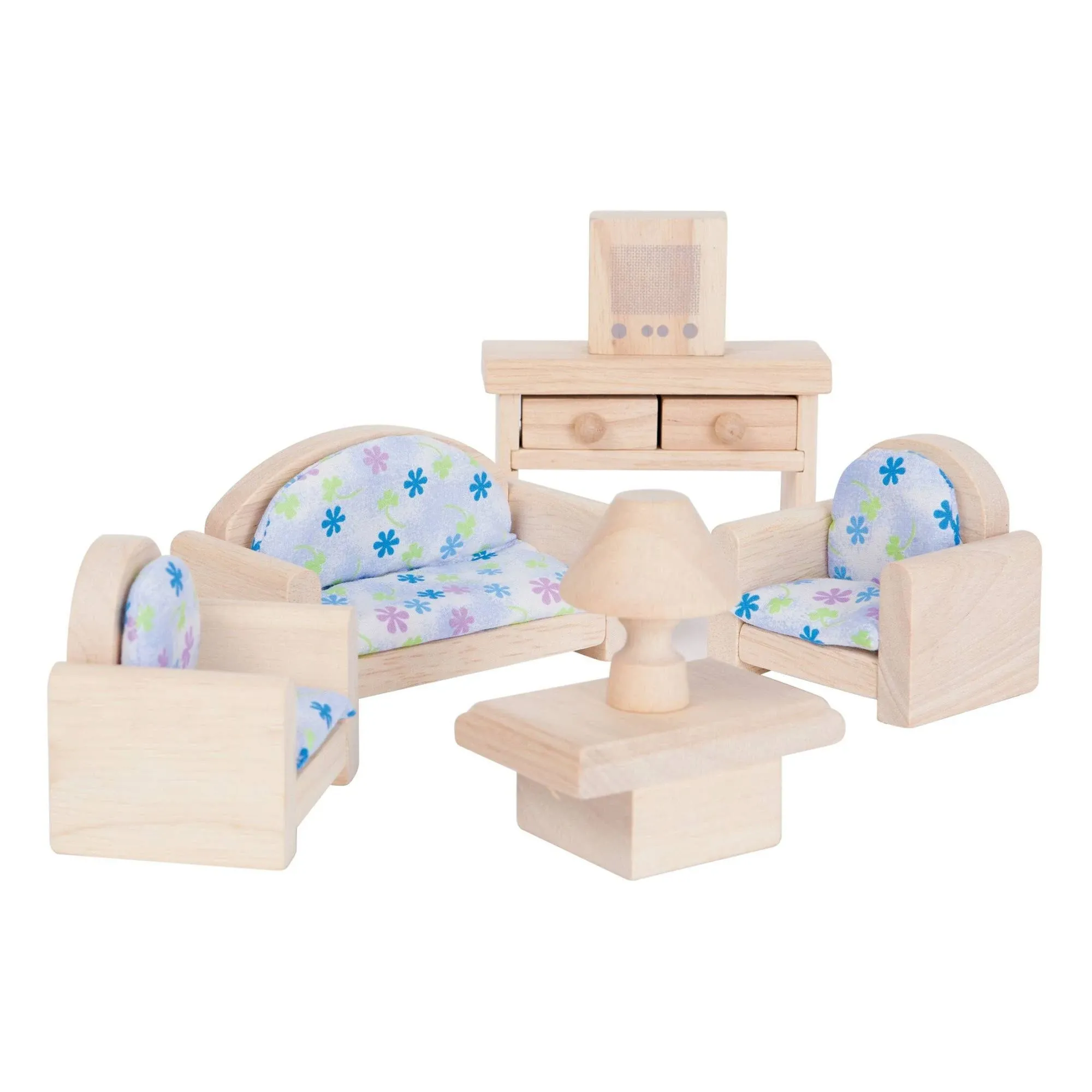 PlanToys Wooden Classic Line of Dollhouse Furniture- Living Room Set (9015) | Sustainably Made from Rubberwood and Non-Toxic Paints and Dyes | PlanNatural Classic Wooden Toy Collection