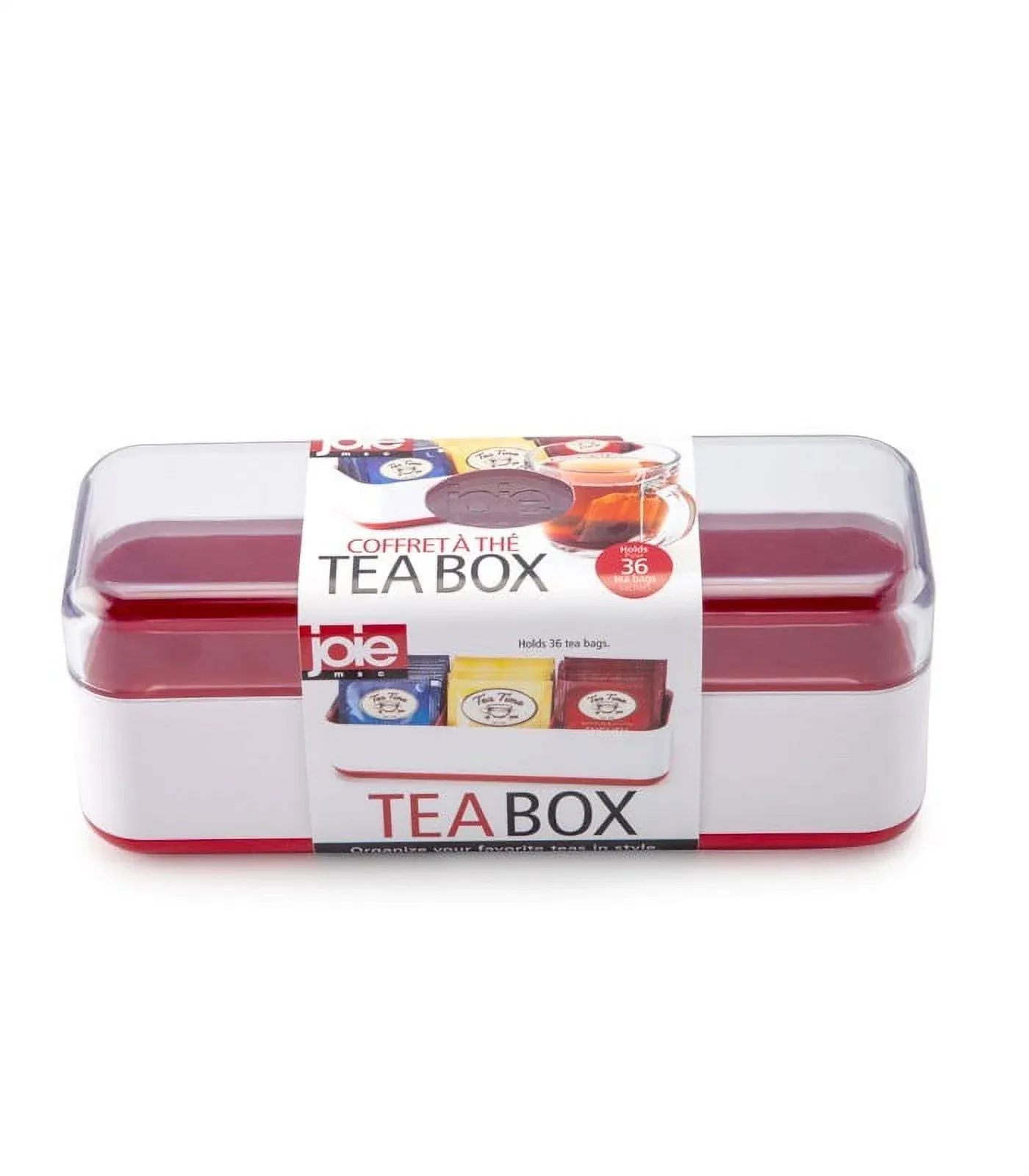 Joie MSC Red &amp; White Tea Bag Storage Organizer Box W/ Clear Lid --Holds 36 Bags