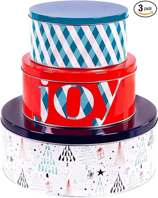 Steel Mill & Co Tin Containers with Lids, 3 Pack Christmas Cookie Tins, Festive Cookie Tins for Gift Giving & Holiday Treats, Round Metal Nesting Containers, Large Medium Small, Joy Plaid