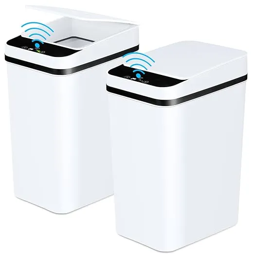 Bathroom Trash Cans with Lid 2 Pack 2.2 Gallon Touchless Automatic Motion Sensor Small Slim Garbage Can, Smart Electric Narrow Garbage Bin for Bedroom Office Kitchen (White)