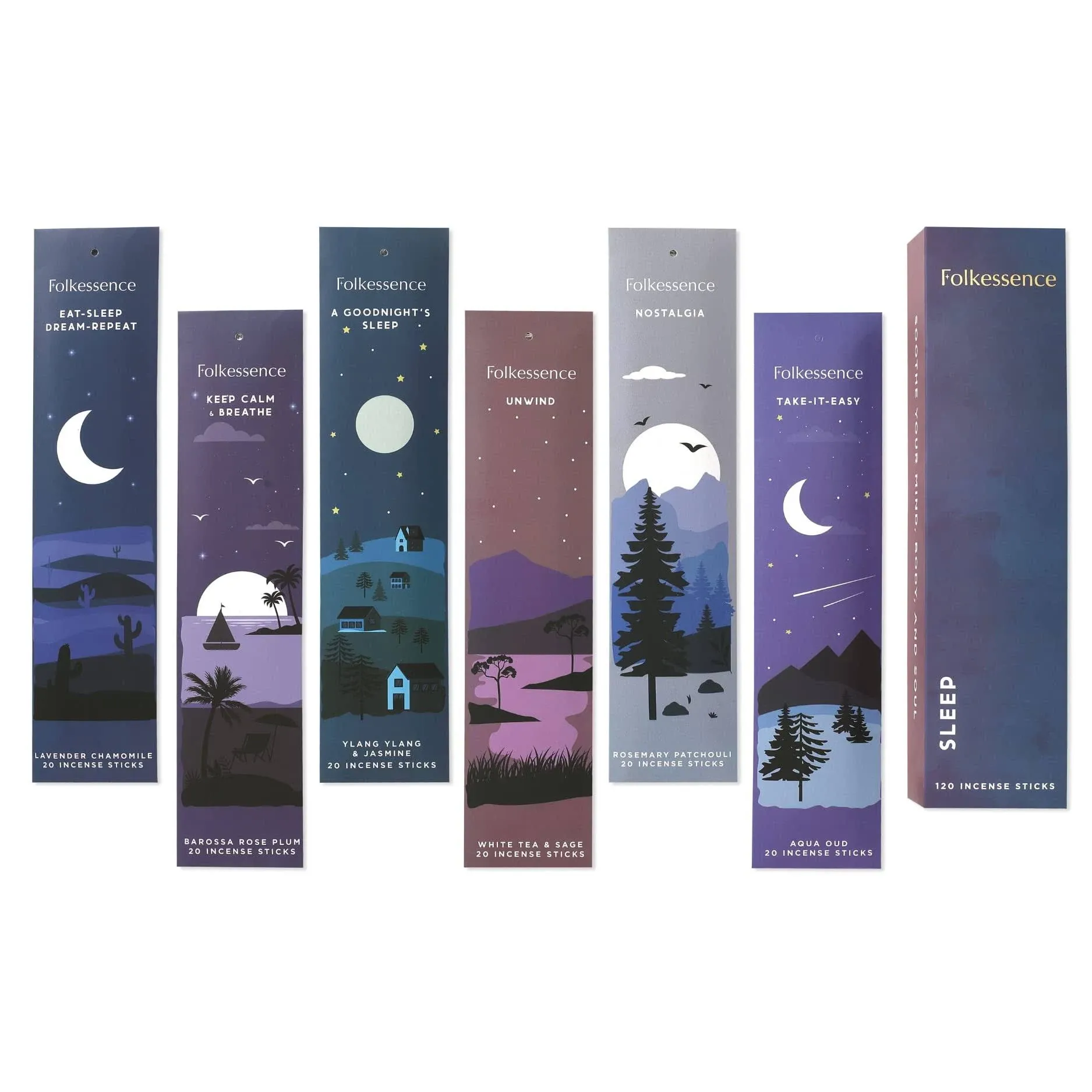 Folkulture Incense Sticks - Set of 6 Insenses (120 Sticks) - Rosemary, Pathcouli, Jasmine, Aqua Oud, Lavender, Sage Incense Sticks Variety Pack - Farmhouse Gift Set, Natural and Non Toxic (Sleep)