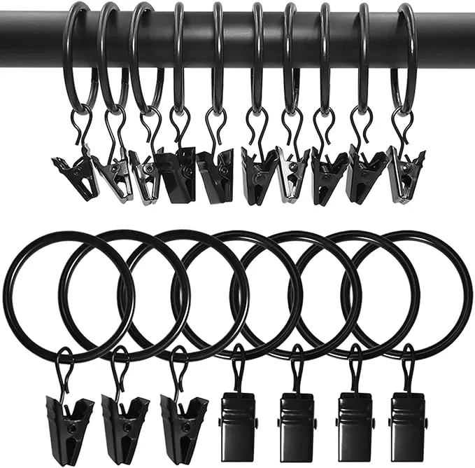 AMZSEVEN 40 Pack Curtain Rings with Clips, Drapery Clips with Rings, Hangers Drapes Rings 1.26 inch Interior Diameter, Fits Up to 1 inch Curtain Rod,