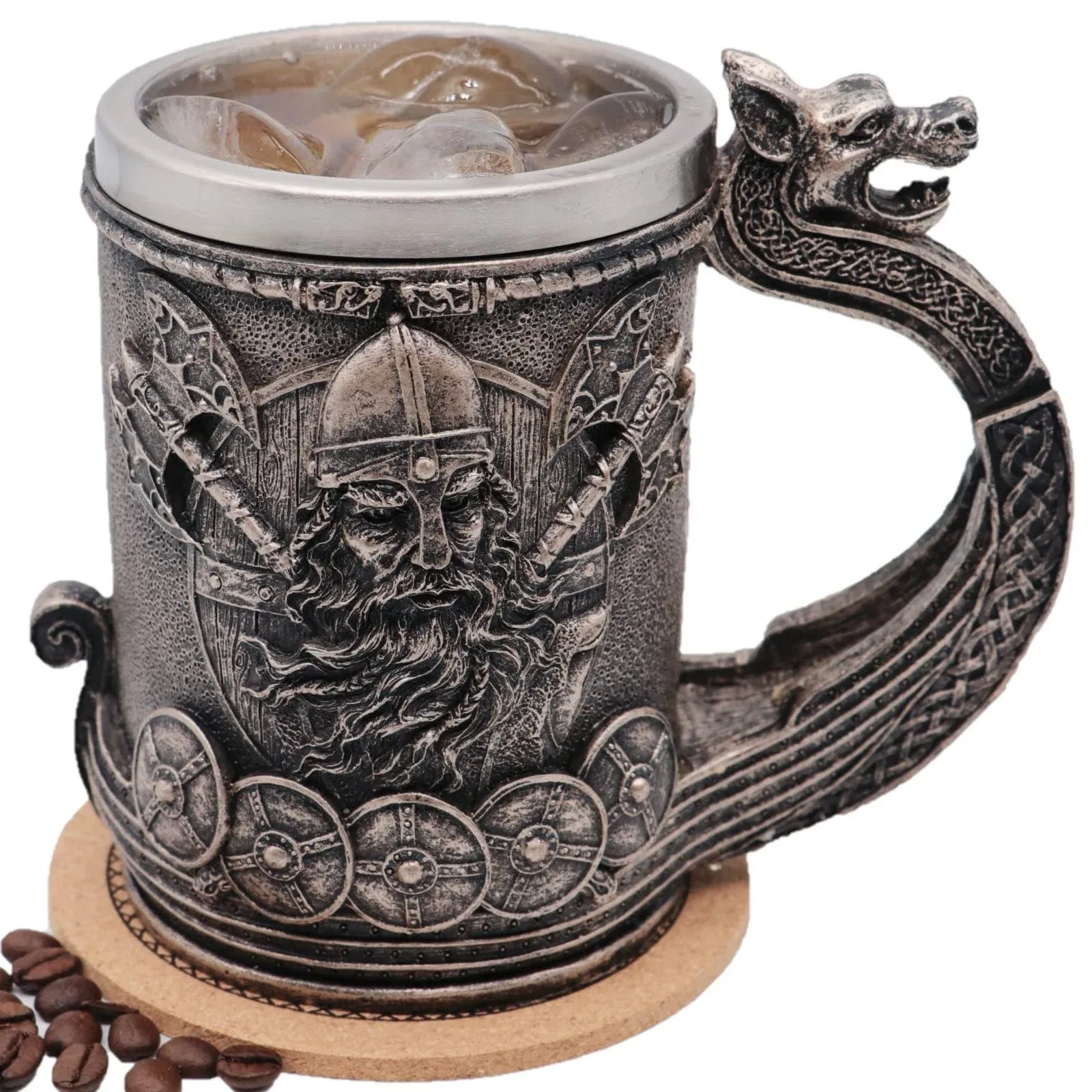 Medieval Viking Mug Beer Stein Tankard,Stainless Steel Drinking Tankard Mug Coffee Cup,Norse Mythology Poetic Gothic Decor Party Decoration Drinkware Gift for Men18OZ(Drakkar Warrior)