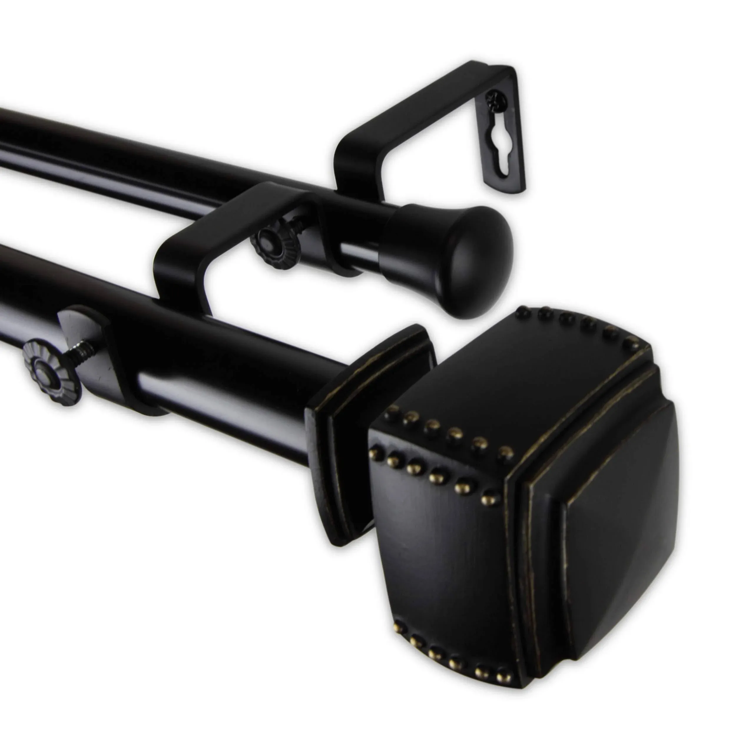 Studded 1" Double Curtain Rod, Black, Black, 28"-48"