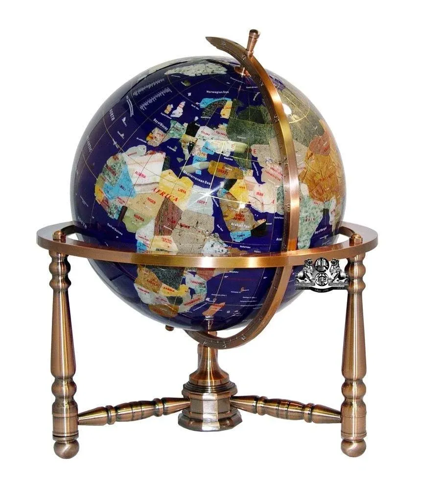 Unique Art 19-inch Tall Blue Lapis Ocean Table Top Gemstone World Globe with ...