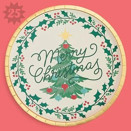 xo, Fetti Merry Christmas Foil Paper Plates - 25 pk, 9&quot; | Christmas Party Decorations, Holiday Tableware, Xmas Supplies, Season&#39;s Greetings