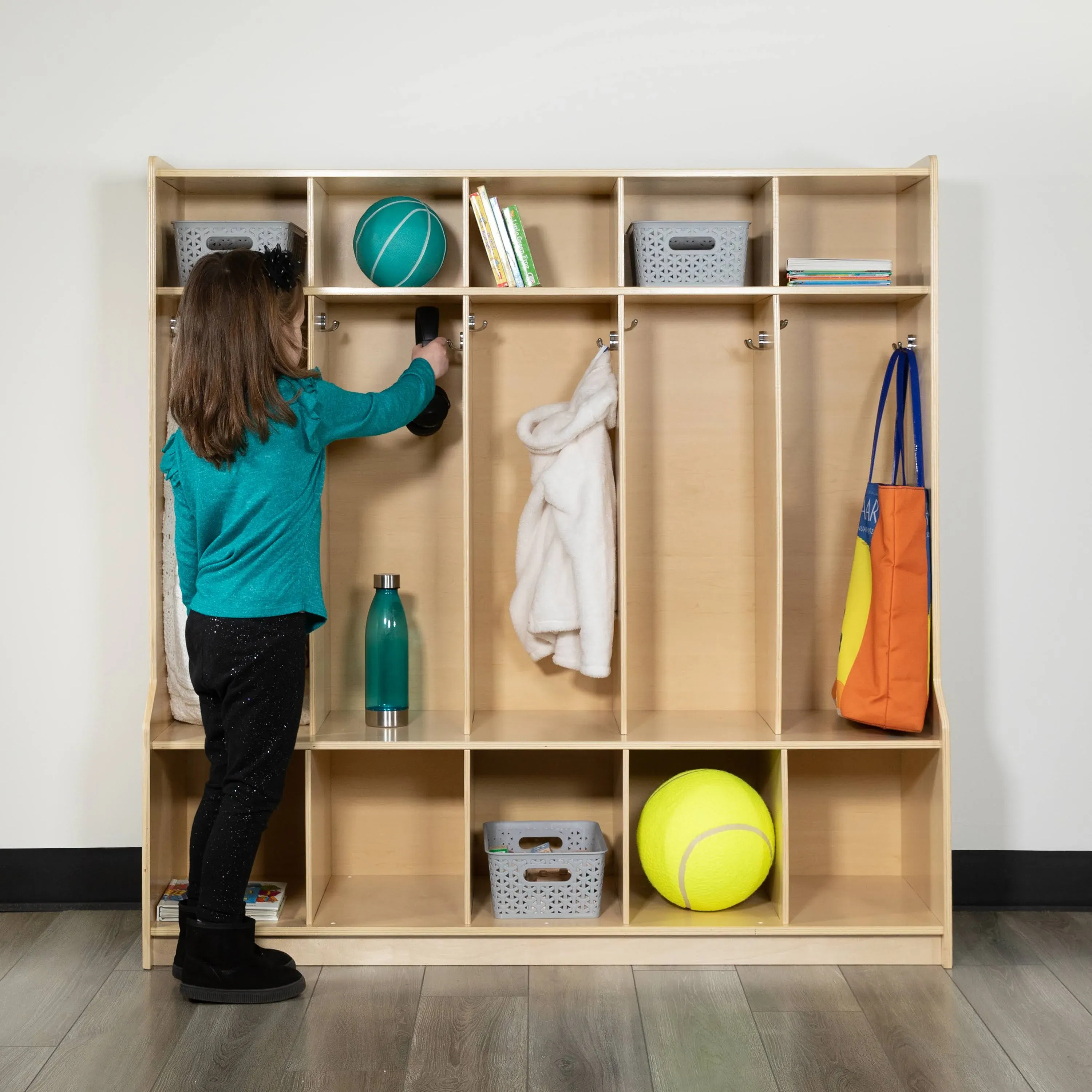 Flash Furniture Hercules Wooden 5 Section School Coat Locker with Bench, Cubbies, and Storage Organizer Hook-Safe, Kid Friendly Design - 48"H x 48"L (Natural)