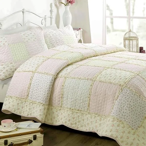 Cozy Line Home Fashions Sweet Peach Floral Light Pink Real Patchwork 100 Cotton Girl Quilt Bedding Set, Reversible Coverlet Bedspread Peachy, Queen