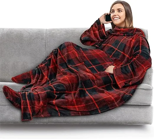 PAVILIA Fleece Blanket with Sleeves, Foot Pockets for Women Men Adults, Plush Wearable Blanket Throw Wrap, Warm Snuggle Blanket Robe, Cozy Gift Ideas Wife Mom, Plaid Navy Blue