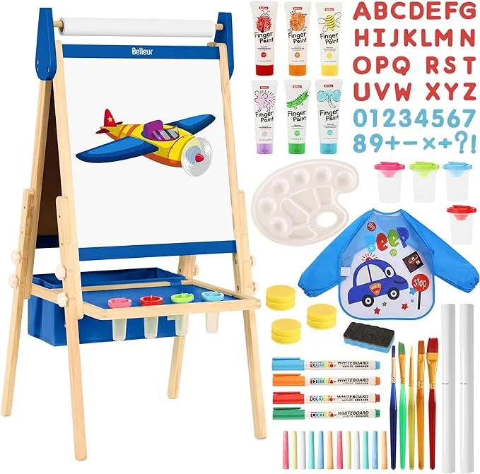 All-in-One Art Easel for Kids with 2 Paper Rolls & Deluxe Accessories, Adjustable Magnetic Double Sided Whiteboard & Chalkboard, Painting Kid Easel for Toddlers 2-8, Ideal