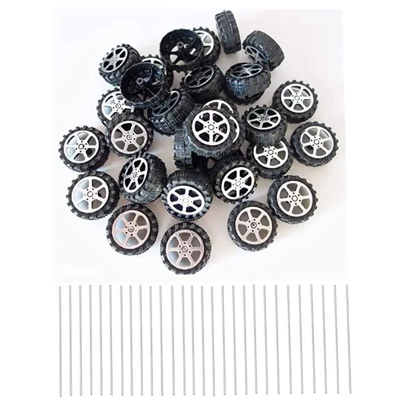 Kuanfine 60 Pcs Plastic Roll 2mm Dia Shaft Toys Car Wheel with 30 Pcs Shaft Round ...