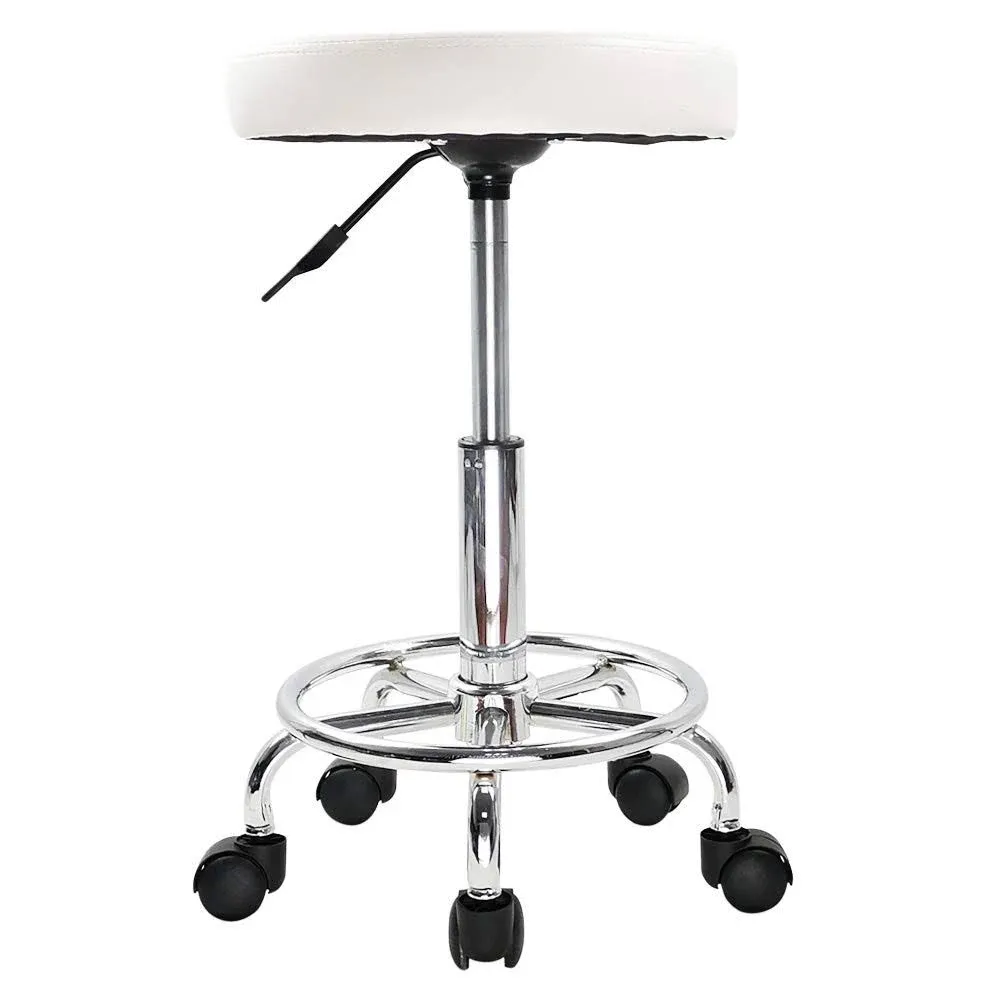 KKTONER PU Leather Round Rolling Stool with Foot Rest Height Adjustable Swivel Drafting Work SPA Task Chair with Wheels (White)