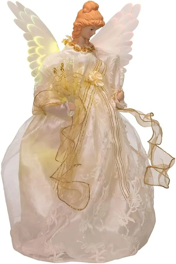 Kurt S. Adler 14" Fiber Optic Ivory and Gold Animated LED Angel Treetop