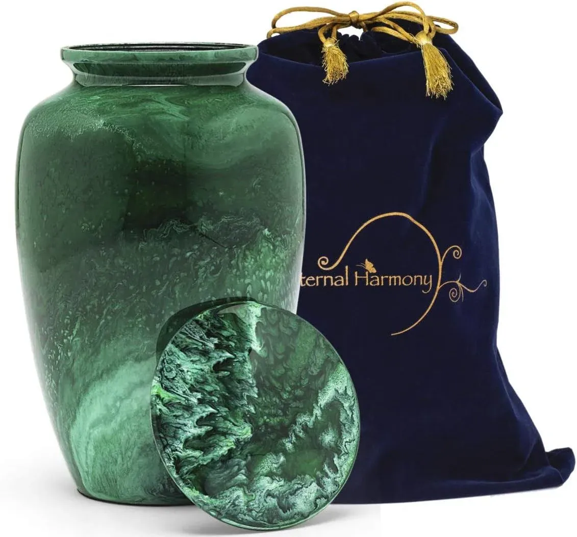 Eternal Harmony Cremation Urns for Human Ashes Adult Female & Male - Elegant Cremation Urns for Burial with Velvet Bag, Handcrafted Funeral Urns for Adult Ashes Men & Women - Green Milo, Large