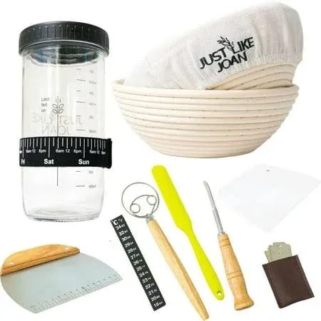 Sourdough Starter Kit – Ultimate Sourdough Kit w/Sourdough Starter Jar & Banneton Basket- Easy Cleaning Sourdough Proofing Basket Kit- Ideal Bread Basket & Sourdough Jar Tools- Bread Lame Dough Whisk