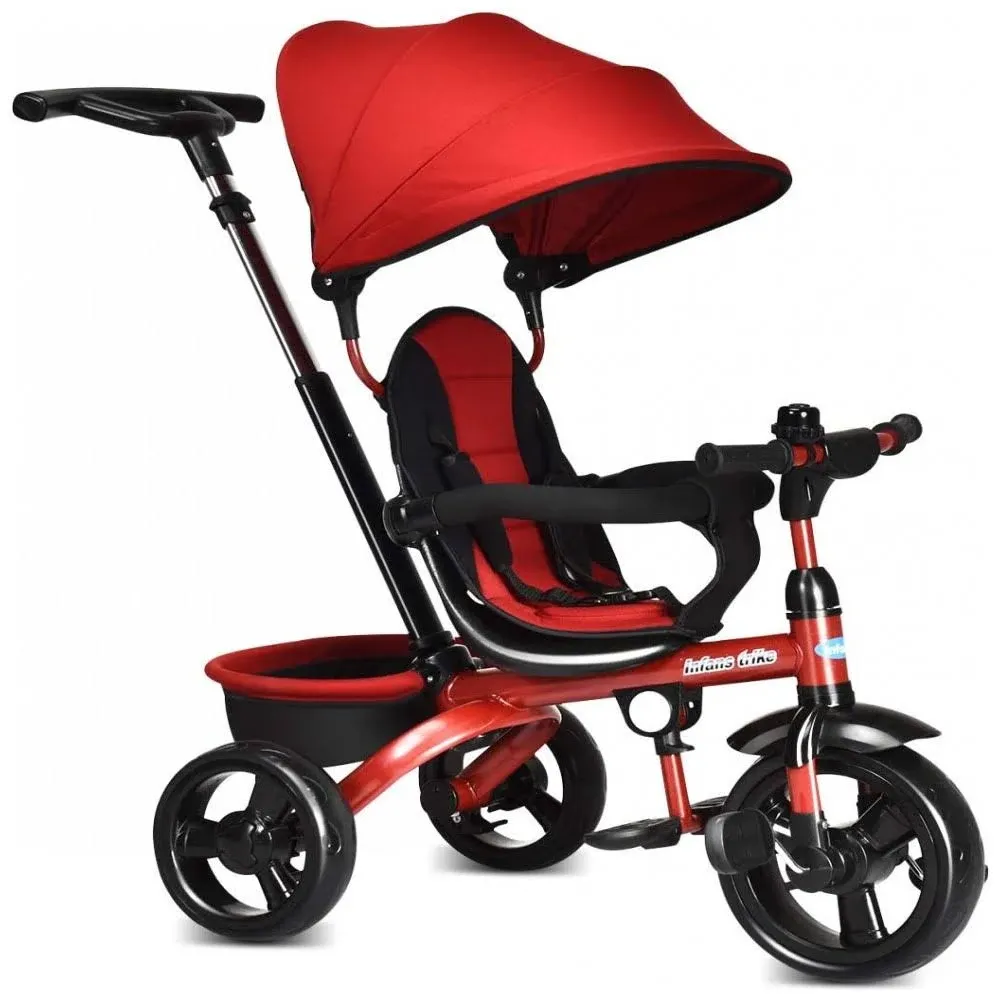 INFANS Kids Tricycle, 6 in 1 Stroll Trike with Adjustable Push Handle, Removable Canopy, Retractable Foot Plate, Lockable Pedal, Detachable Guardrail, Suitable for 10 Months to 5 Years (Red)