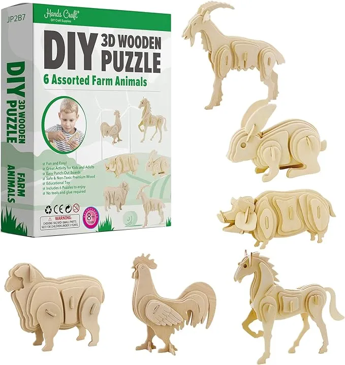 Hands Craft DIY 3D Wooden Puzzle – 6 Assorted Farm Animals Bundle Pack Set Brain Teaser Puzzles Educational STEM Toy Adults and Kids to Build Safe and Non-Toxic Easy Punch Out Premium Wood JP2B7