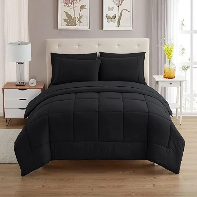 Sweet Home Collection 7 Piece Bed-in-a-Bag Solid Color Comforter & Sheet Set, Queen, Black