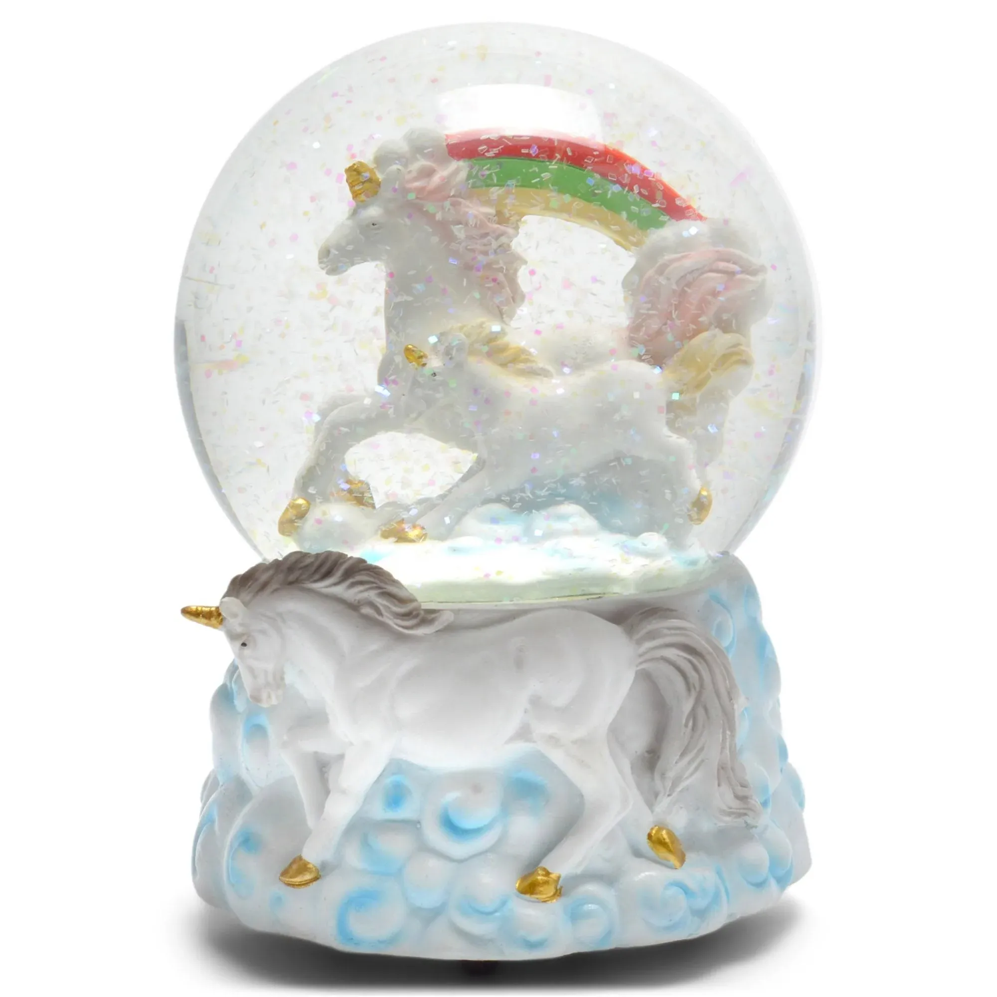 Rainbow Unicorns 100MM Resin Glitter Water Globe Plays Tune You are My Sunshine