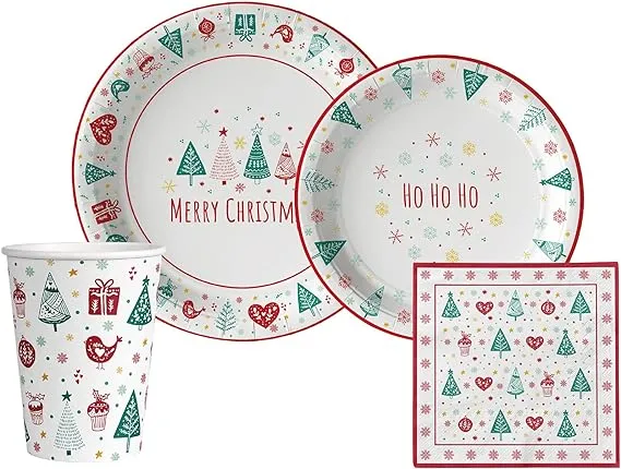 Classic Christmas Tableware Pack: Paper Plates, Napkins and Cups Set for 20