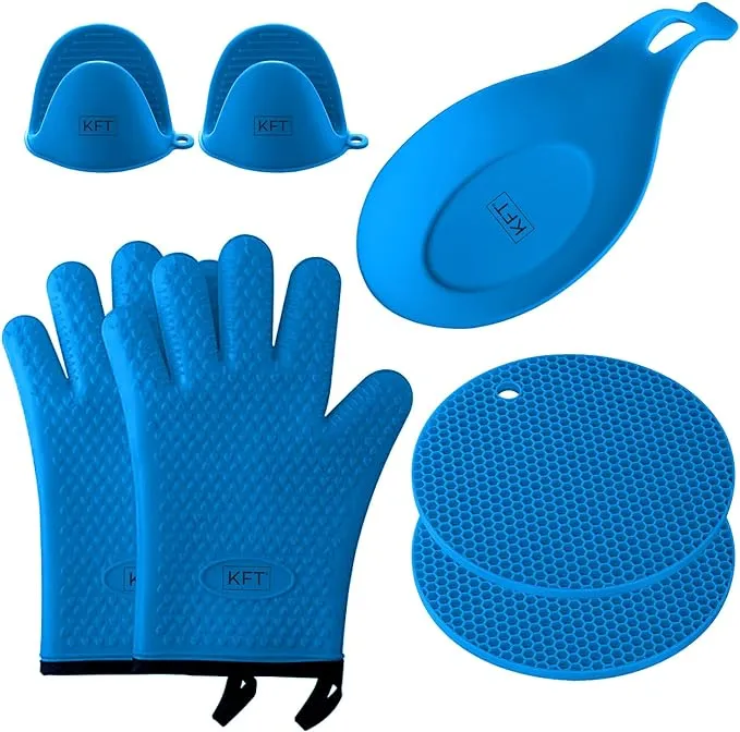 Oven Mitts and Pot Holders Sets Kitchen Essentials – 7Pcs Set Heat Resistant Silicone Gloves, Trivets, Pinchers, and Spoon Rest – Durable Non-BPA Food Safe Materials – Ideal Silicone Baking Set