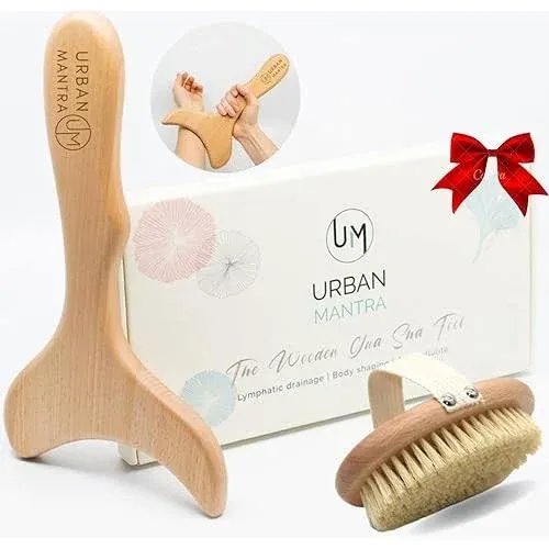 Urban Mantra Wooden Lymphatic Drainage Paddle Tool and Dry Brush Massager - Body Gua Sha for Body Shaping Contouring and Sculpting - Anti Cellulite