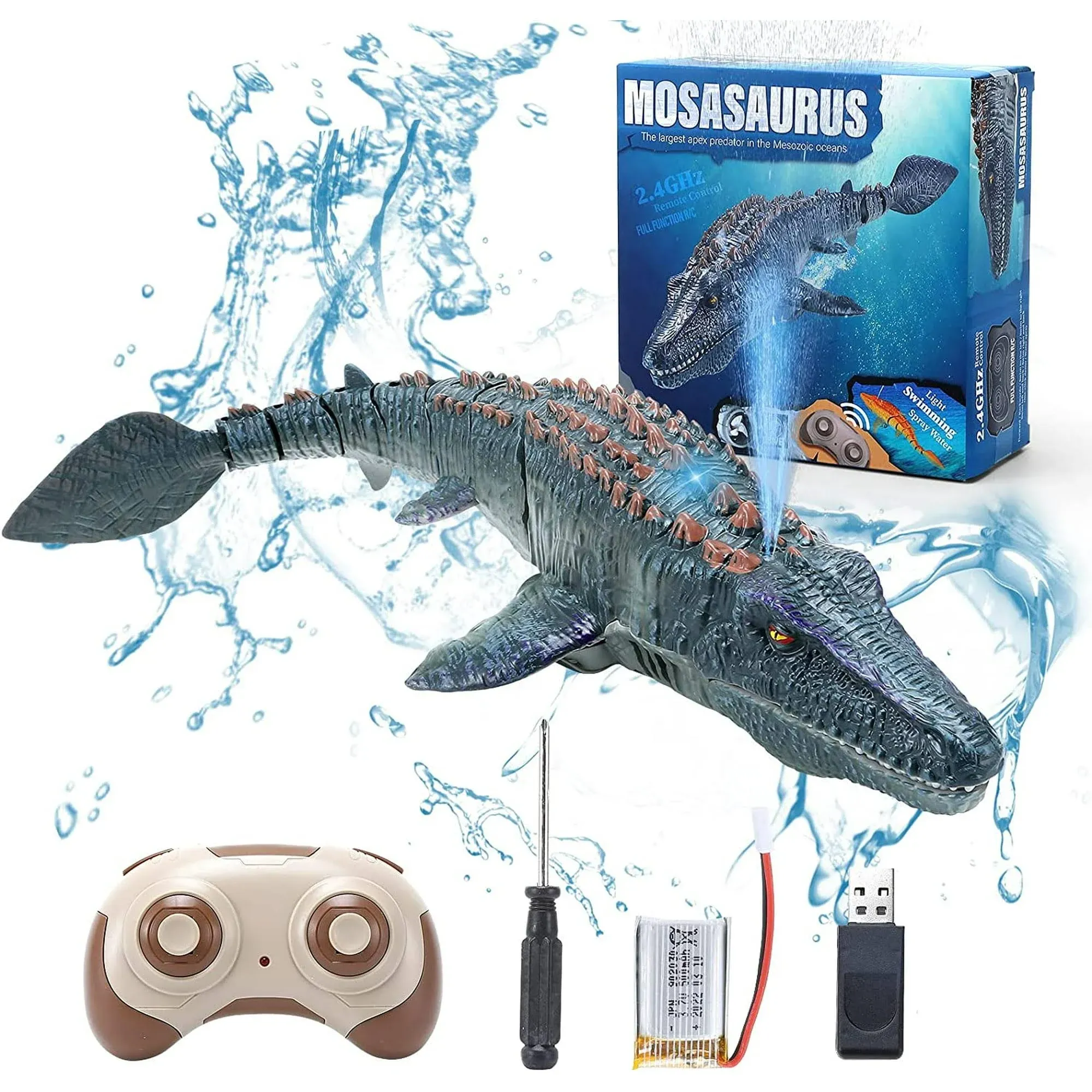 Remote Control Dinosaur Toys for Kids 3 4 5 6 7, Mosasaurus Diving Toys RC Boat with Light and Spray Water for Swimming Pool Lake Bathroom Ocean Protector Bath Toys