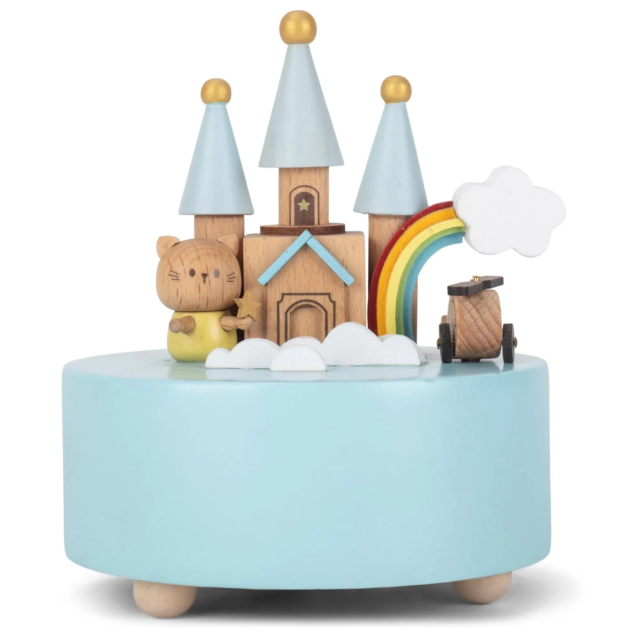 "Cottage Garden Rainbow Castle Cat Blue 5 inch Natural Wood Music Box Plays Tune Brahm's Lullaby"