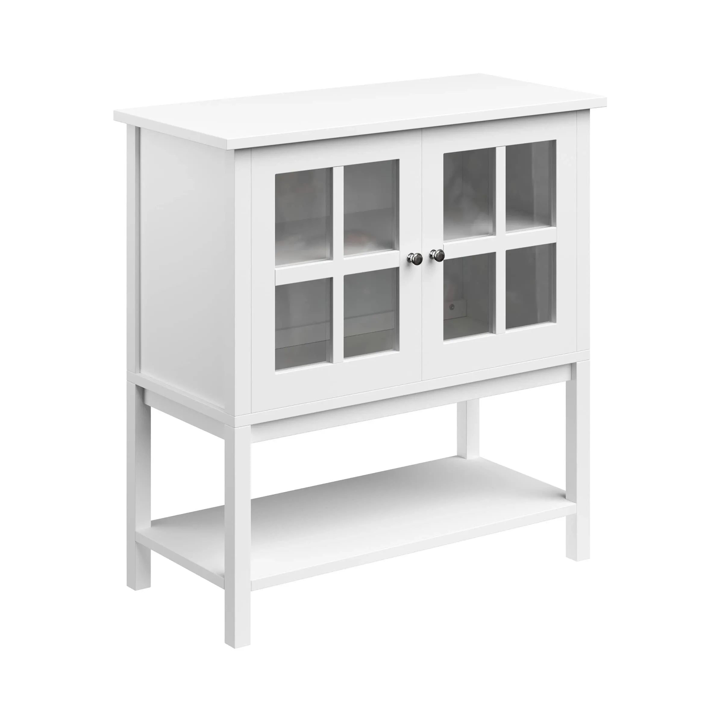 White Console Table with Open Shelf Glass Storage Cabinet for Home Organizing