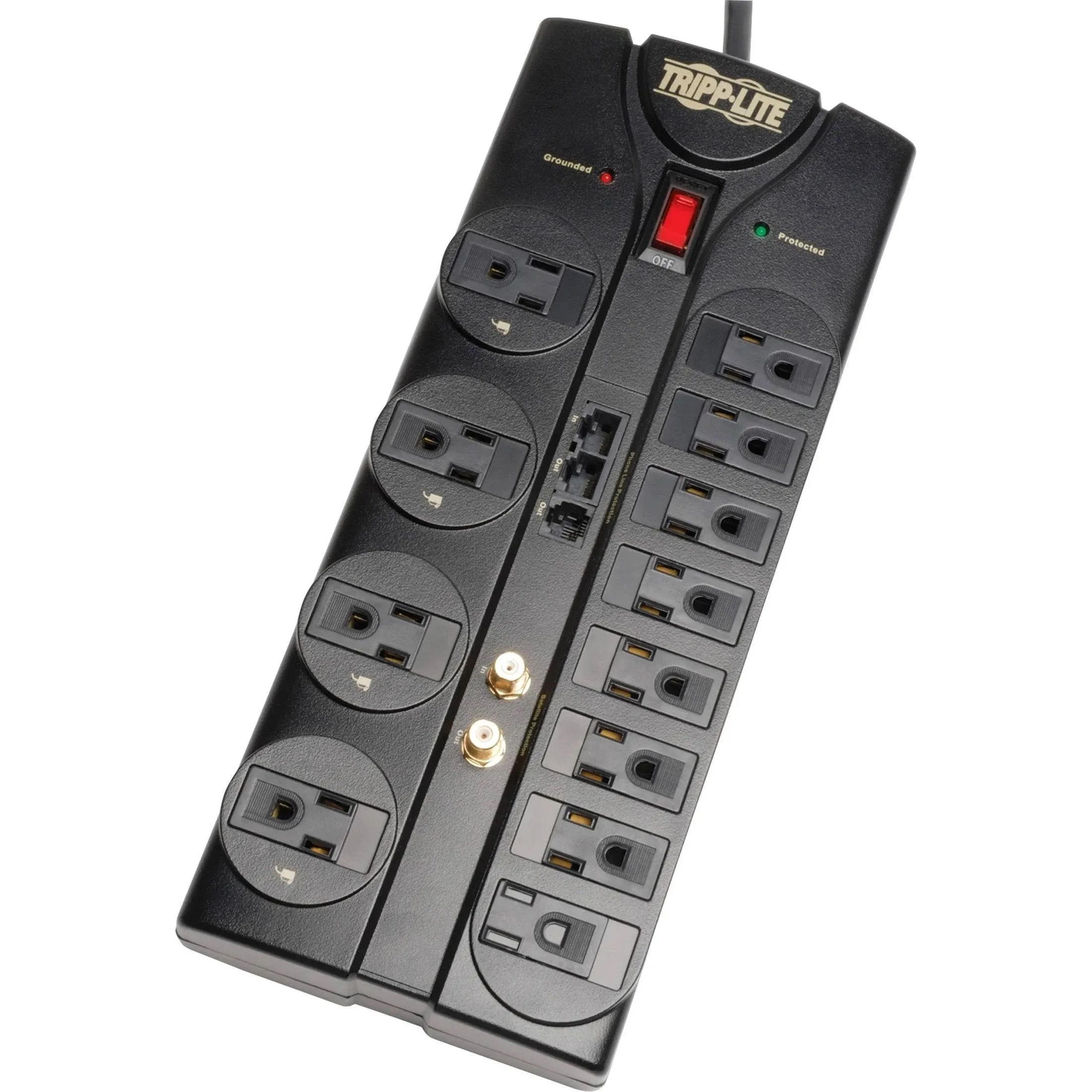 Tripp Lite 12 Outlet Surge Protector Power Strip, 8ft Cord, Right-Angle Plug, Tel/Modem/Coax/Ethernet Protection, RJ11, RJ45, & $250,000 INSURANCE (TLP1208SAT) Black