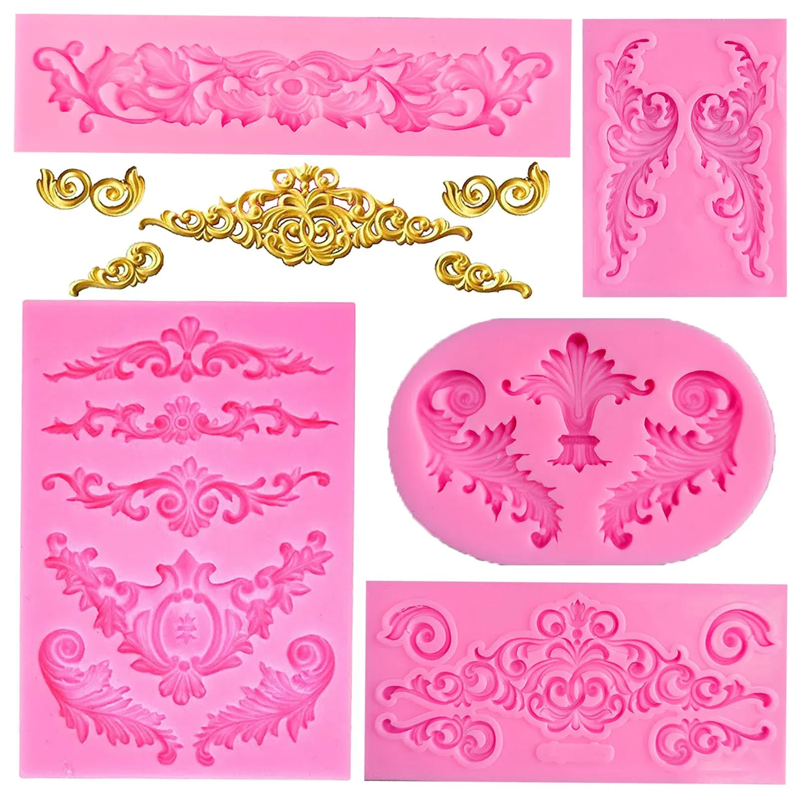 Rainmae 5 Pcs Baroque Style Fondant Silicone Mold - 3D Lace Relief Filigree Sculpture for Crafts  Baking