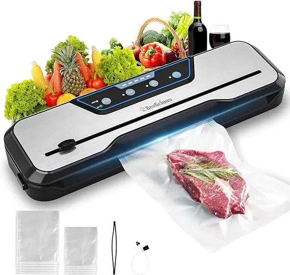 Vacuum Sealer Machine, with Starter Kit and 2-Year Warranty, Beelicious Automatic Air Sealing System for Food Storage, with Build-in Cutter, Moist Mode, Air Suction Hose| LED Indicator | Quiet | 50% Compact | Sous Vide