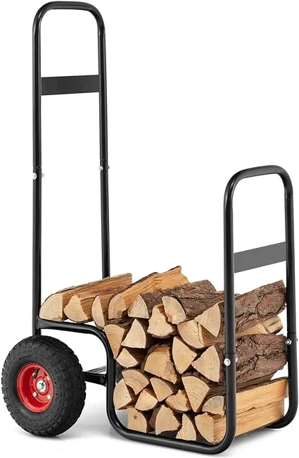 Goplus Firewood Log Cart, Outdoor Indoor Firewood Rack Storage Mover with Pneumatic Rubber Wheels, Heavy Duty Steel Wood Hauler, Firewood Carrier for Fireplace, Fire Pit, 220 LBS Capacity